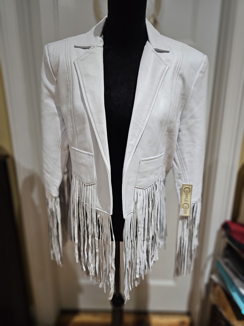 White Genuine Leather Fringe Blazer Jacket, NWT